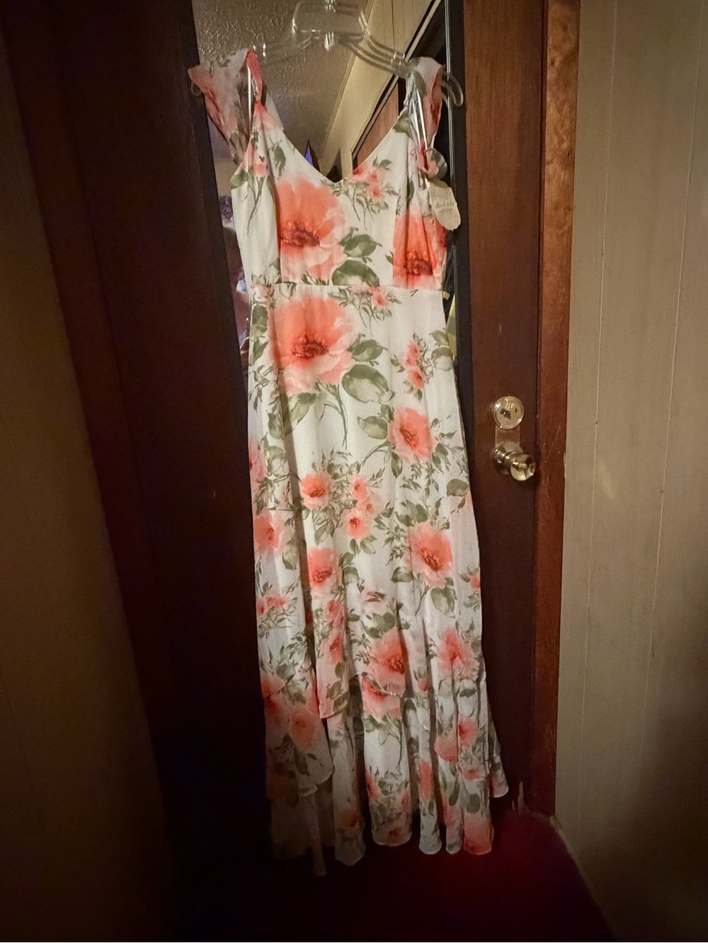 Floral Shoulder Maxi Dress in Coral and Green